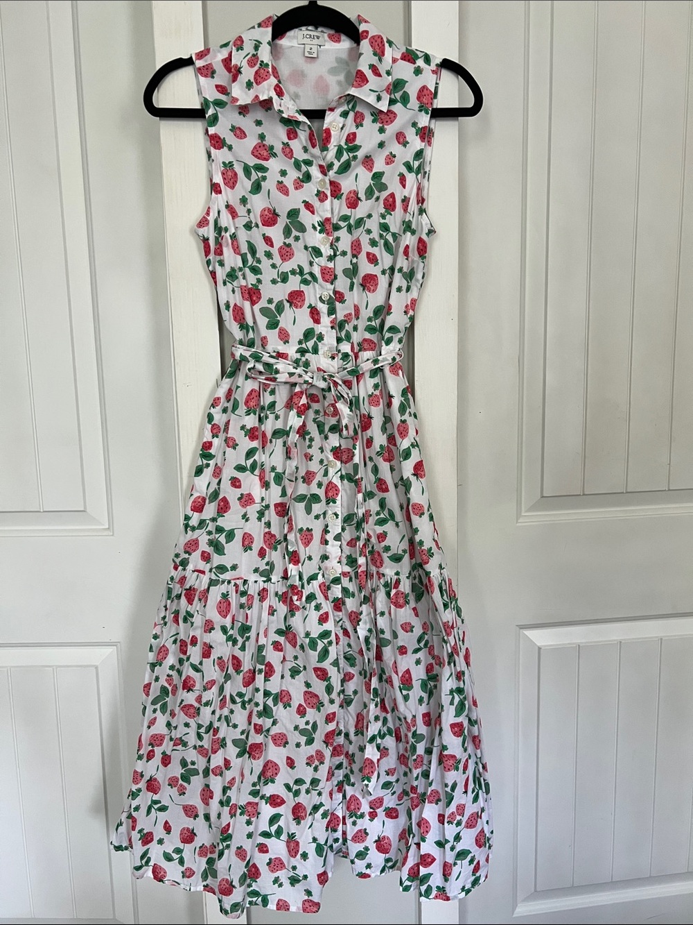 J. Crew White Sleeveless Midi Dress with Pink Strawberry Print